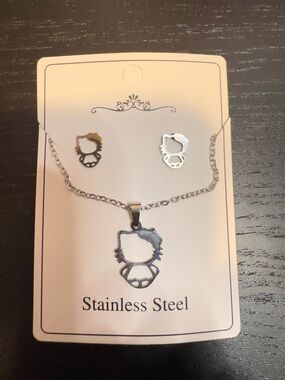 Hello Kitty Silver Tone Necklace and Stud Earring Set
